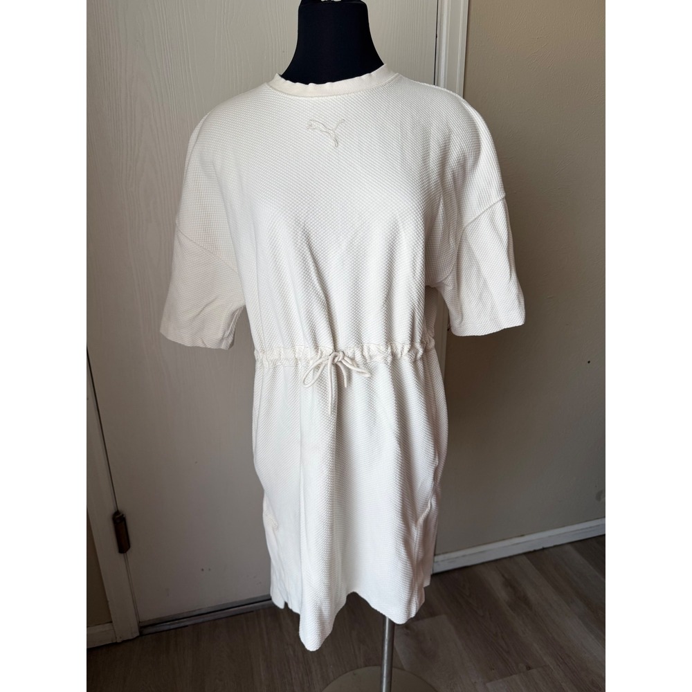 Puma Womens Waffle Knit Drawstring Waist T-Shirt Dress Off White Cream Size M